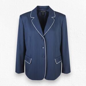 Y2K Vintage Navy Blue White Pinstripe Contrast Piping Bow Detail Blazer 22W Plus